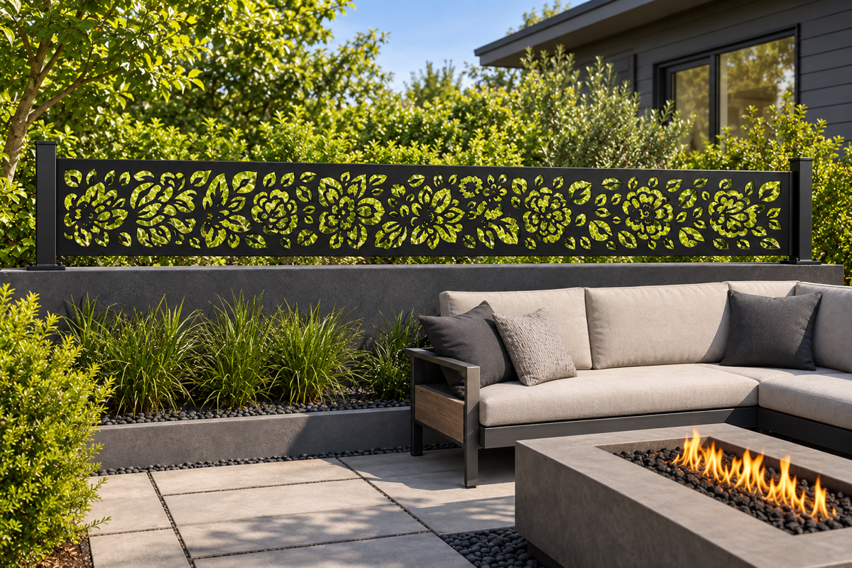 Design 358 Mini Blossom Border Laser Cut Metal Privacy Screen Panel installed garden daylight view