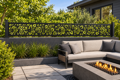 Design 358 Mini Blossom Border Laser Cut Metal Privacy Screen Panel installed garden daylight view
