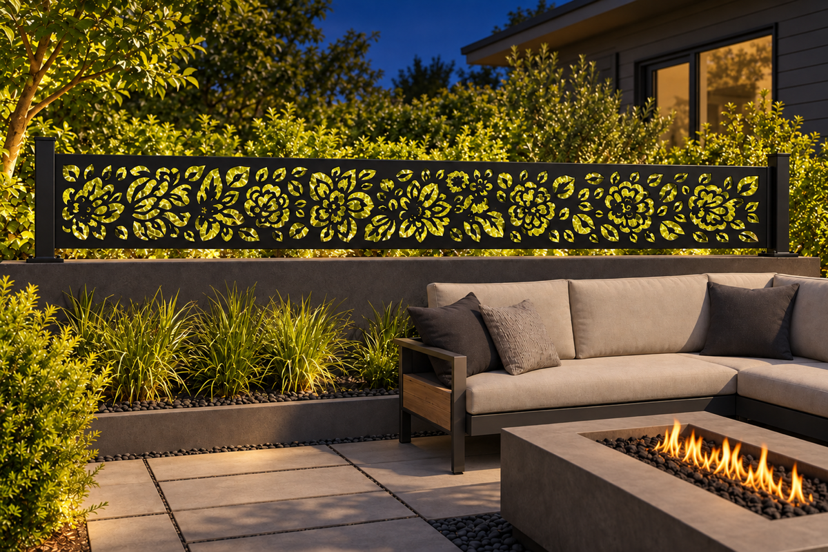 Design 358 Mini Blossom Border Laser Cut Metal Privacy Screen Panel installed garden night lighting view