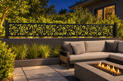 Design 358 Mini Blossom Border Laser Cut Metal Privacy Screen Panel installed garden night lighting view