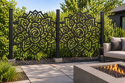 Design 359 Lotus Cloud Medallion Laser Cut Metal Privacy Screen Panel installed garden daylight view