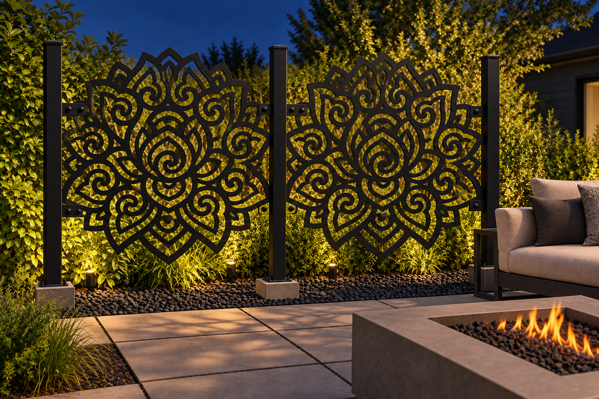 Design 359 Lotus Cloud Medallion Laser Cut Metal Privacy Screen Panel installed garden night lighting view
