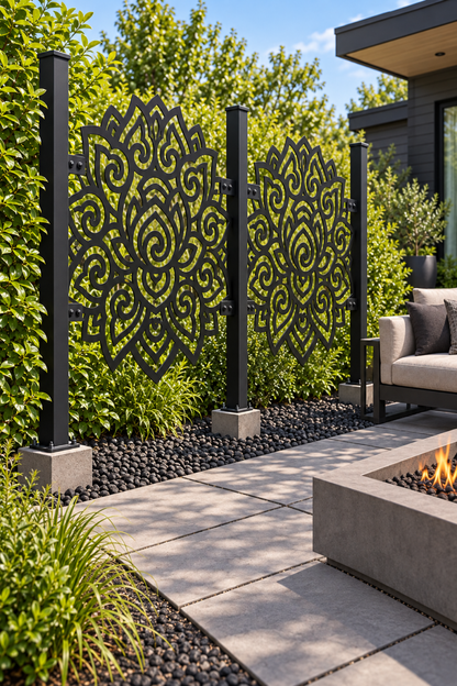 Design 359 Lotus Cloud Medallion Laser Cut Metal Privacy Screen Panel oblique angle view