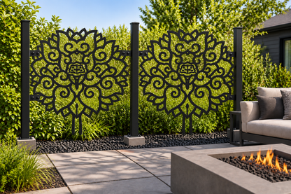 Design 360 Peony Cloud Medallion Laser Cut Metal Privacy Screen Panel installed garden daylight view