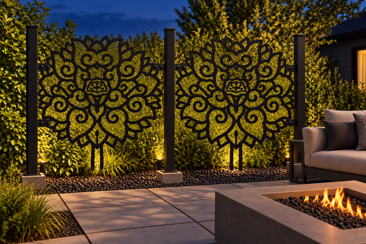Design 360 Peony Cloud Medallion Laser Cut Metal Privacy Screen Panel installed garden night lighting view
