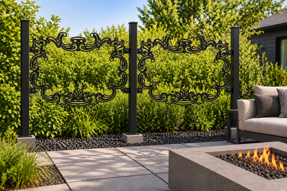 Design 361 Victorian Oval Frame Laser Cut Metal Privacy Screen Panel installed garden daylight view