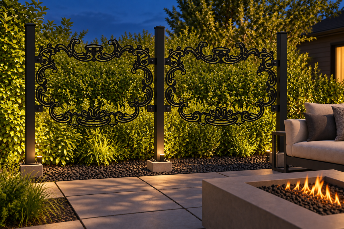 Design 361 Victorian Oval Frame Laser Cut Metal Privacy Screen Panel installed garden night lighting view