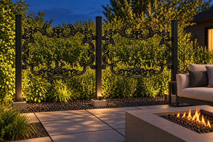 Design 361 Victorian Oval Frame Laser Cut Metal Privacy Screen Panel installed garden night lighting view