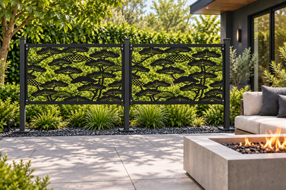 Design 362 Lotus Pond Scene Laser Cut Metal Privacy Screen Panel installed garden daylight view