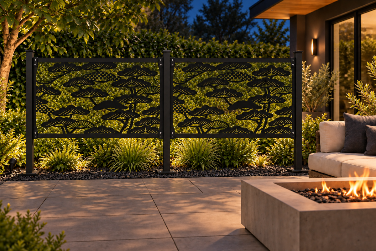 Design 362 Lotus Pond Scene Laser Cut Metal Privacy Screen Panel installed garden night lighting view