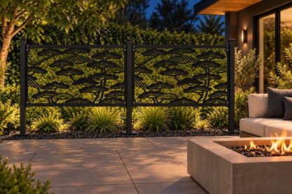 Design 362 Lotus Pond Scene Laser Cut Metal Privacy Screen Panel installed garden night lighting view