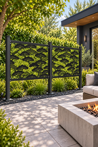 Design 362 Lotus Pond Scene Laser Cut Metal Privacy Screen Panel oblique angle view