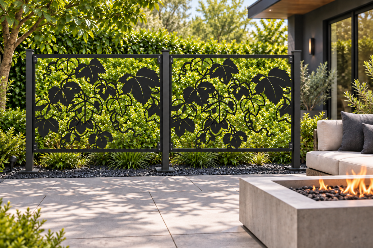 Design 363 Grape Vine Scene Laser Cut Metal Privacy Screen Panel installed garden daylight view