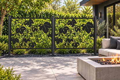 Design 363 Grape Vine Scene Laser Cut Metal Privacy Screen Panel installed garden daylight view