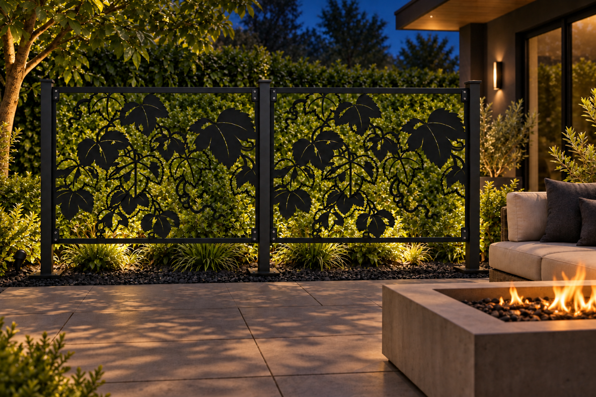 Design 363 Grape Vine Scene Laser Cut Metal Privacy Screen Panel installed garden night lighting view