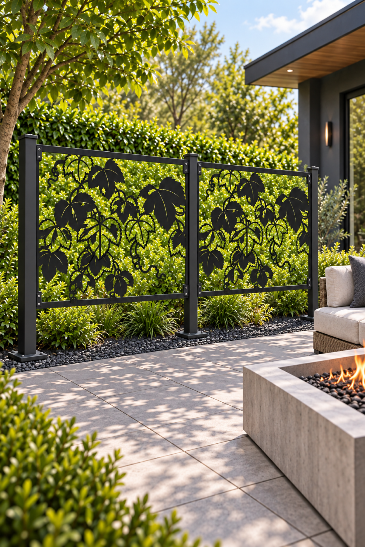 Design 363 Grape Vine Scene Laser Cut Metal Privacy Screen Panel oblique angle view