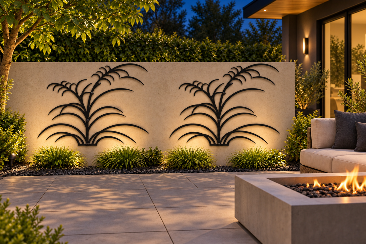 Design 364 Willow Grass Silhouette Laser Cut Metal Privacy Screen Panel installed garden night lighting view