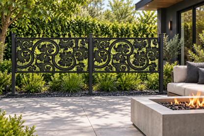 Design 365 Ornate Cloud Banner Laser Cut Metal Privacy Screen Panel installed garden daylight view