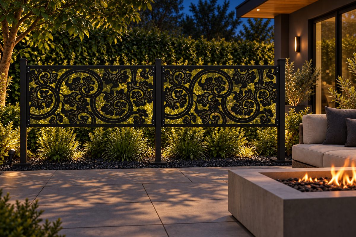 Design 365 Ornate Cloud Banner Laser Cut Metal Privacy Screen Panel installed garden night lighting view
