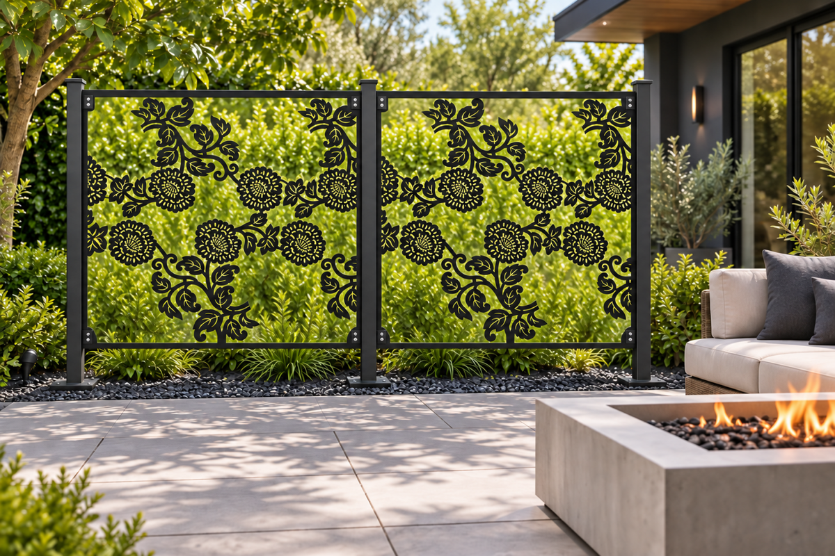 Design 366 Rose Vine Rectangle Laser Cut Metal Privacy Screen Panel installed garden daylight view
