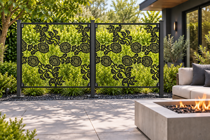 Design 366 Rose Vine Rectangle Laser Cut Metal Privacy Screen Panel installed garden daylight view