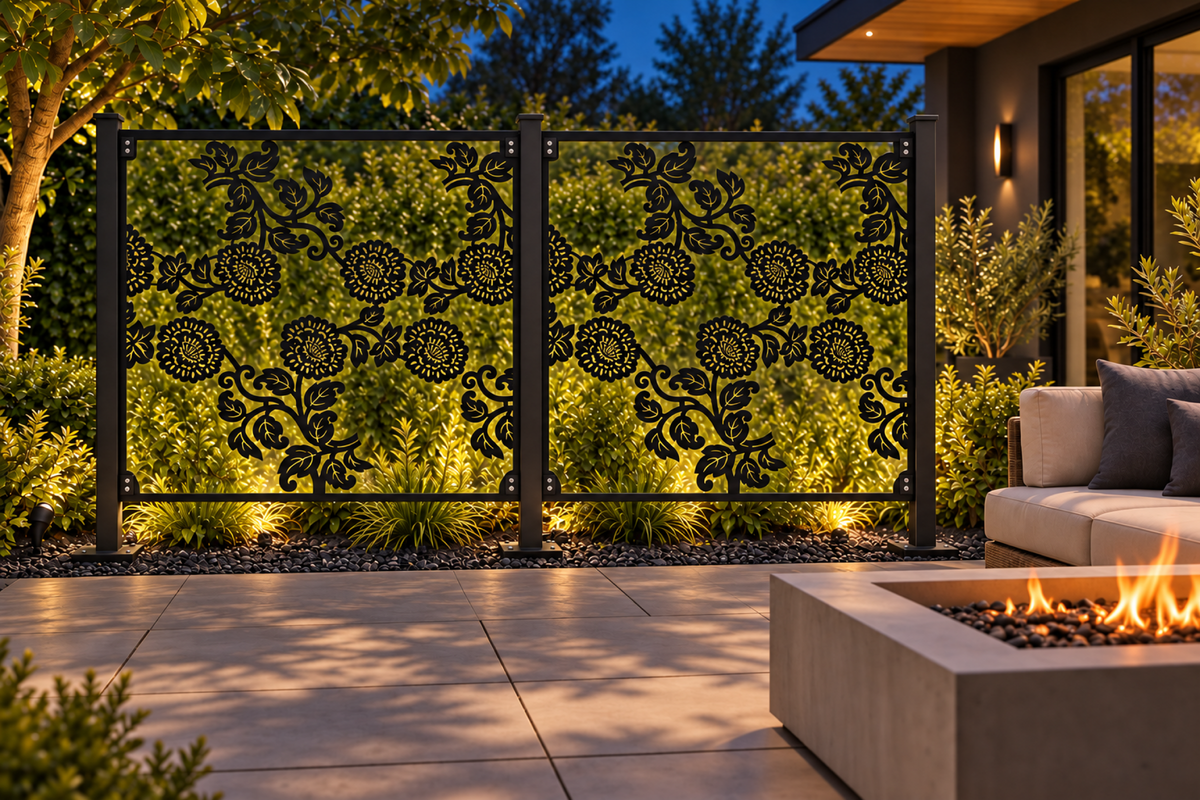 Design 366 Rose Vine Rectangle Laser Cut Metal Privacy Screen Panel installed garden night lighting view