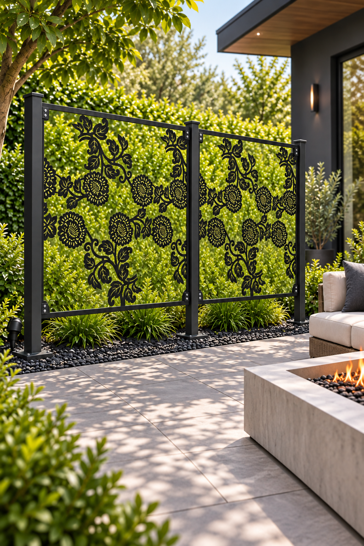 Design 366 Rose Vine Rectangle Laser Cut Metal Privacy Screen Panel oblique angle view