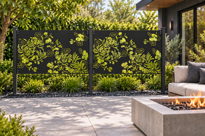 Design 367 Chrysanthemum Bouquet Laser Cut Metal Privacy Screen Panel installed garden daylight view