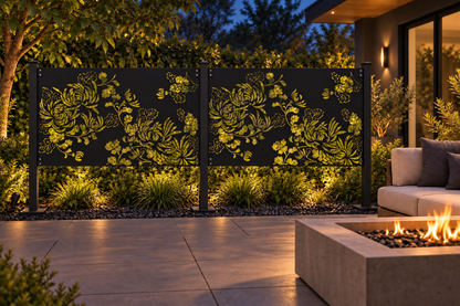 Design 367 Chrysanthemum Bouquet Laser Cut Metal Privacy Screen Panel installed garden night lighting view