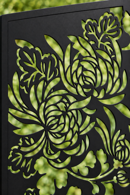 Design 367 Chrysanthemum Bouquet Laser Cut Metal Privacy Screen Panel close-up detail view