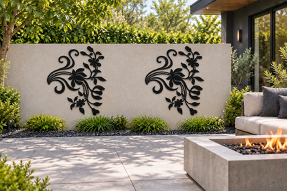 Design 368 Twin Floral Plumes Laser Cut Metal Privacy Screen Panel installed garden daylight view