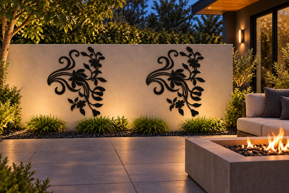 Design 368 Twin Floral Plumes Laser Cut Metal Privacy Screen Panel installed garden night lighting view