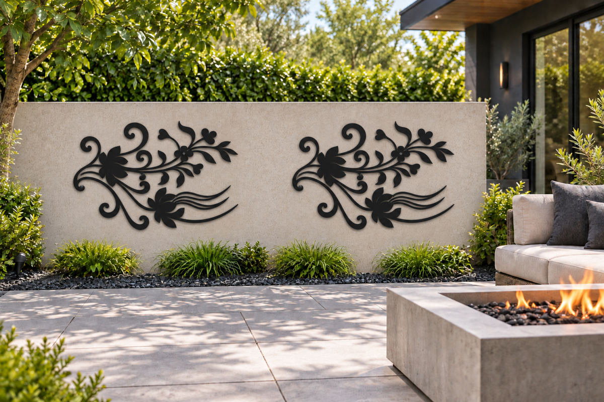 Design 369 Curved Floral Spray Laser Cut Metal Privacy Screen Panel installed garden daylight view