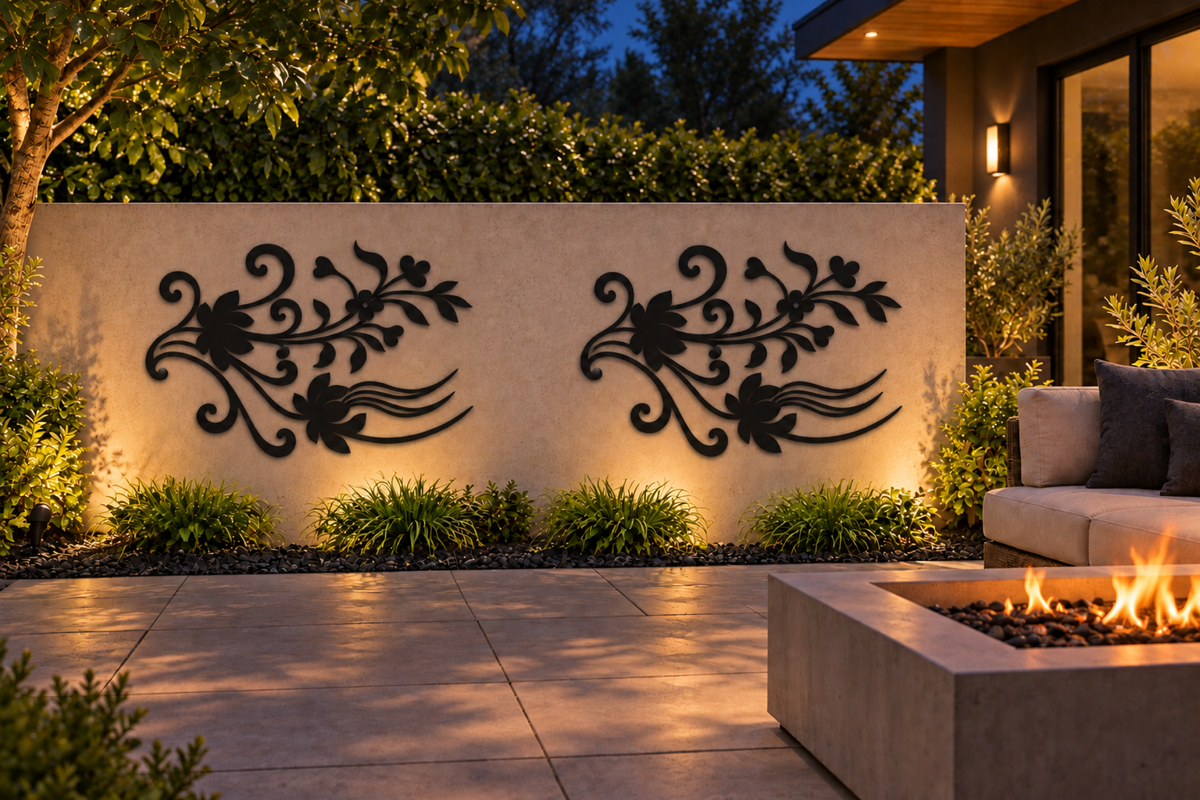 Design 369 Curved Floral Spray Laser Cut Metal Privacy Screen Panel installed garden night lighting view