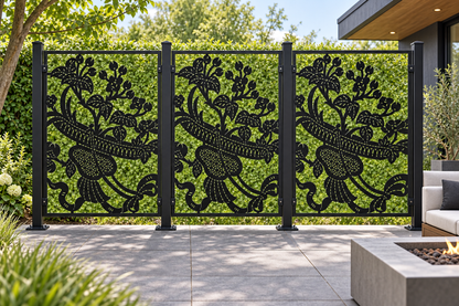 Design 370 Bird and Blossom Panel Laser Cut Metal Privacy Screen Panel installed garden daylight view