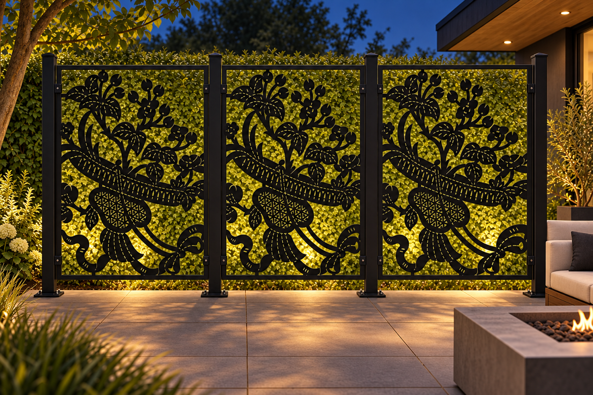 Design 370 Bird and Blossom Panel Laser Cut Metal Privacy Screen Panel installed garden night lighting view