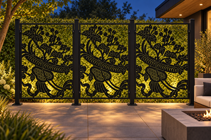Design 370 Bird and Blossom Panel Laser Cut Metal Privacy Screen Panel installed garden night lighting view