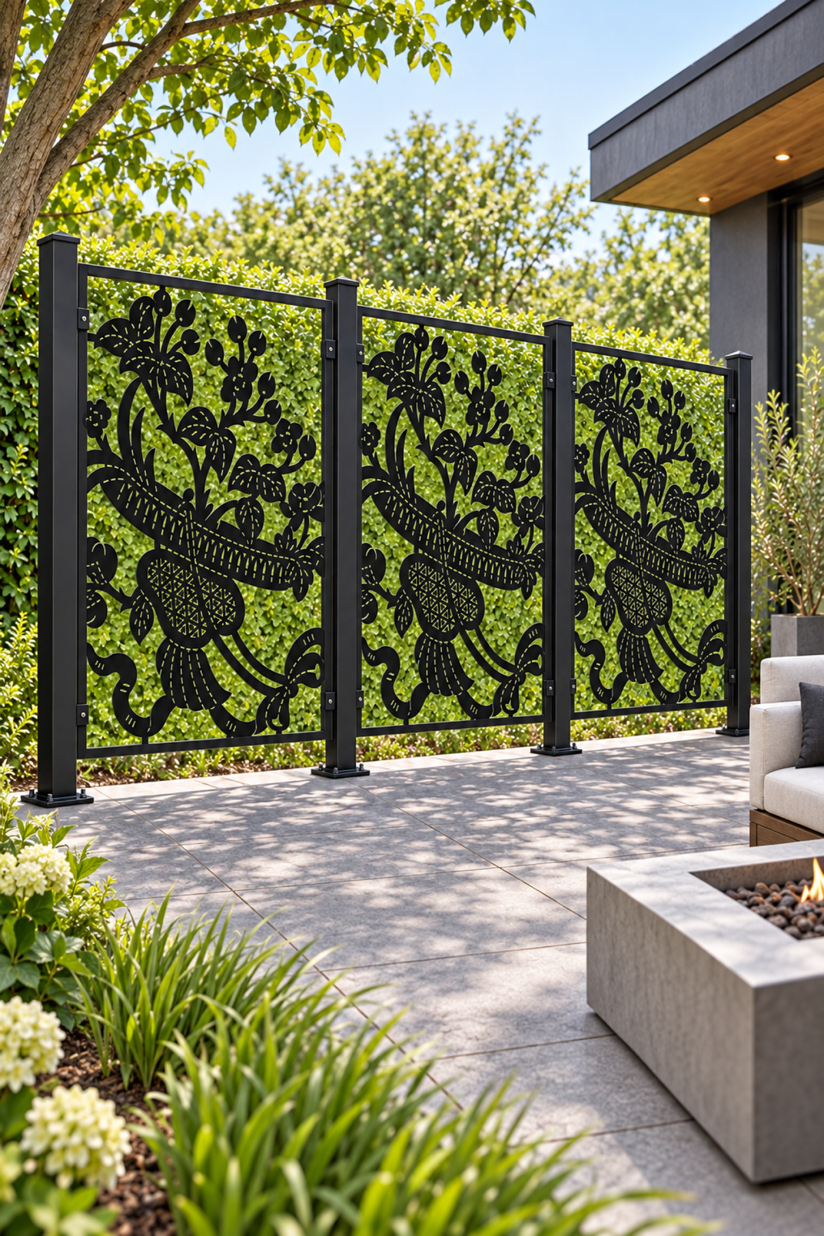Design 370 Bird and Blossom Panel Laser Cut Metal Privacy Screen Panel oblique angle view