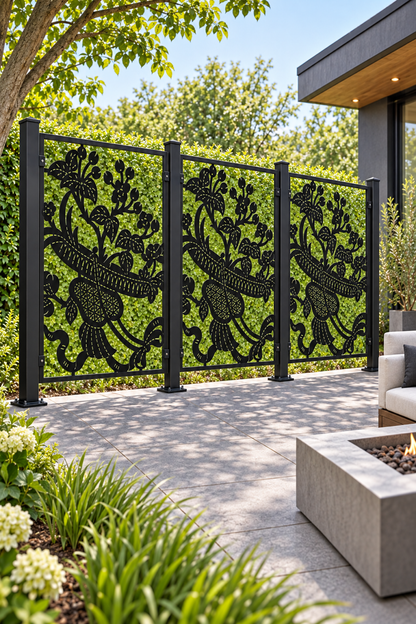 Design 370 Bird and Blossom Panel Laser Cut Metal Privacy Screen Panel oblique angle view