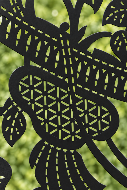 Design 370 Bird and Blossom Panel Laser Cut Metal Privacy Screen Panel close-up detail view