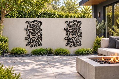Design 371 Daisy and Leaf Emblem Laser Cut Metal Privacy Screen Panel installed garden daylight view