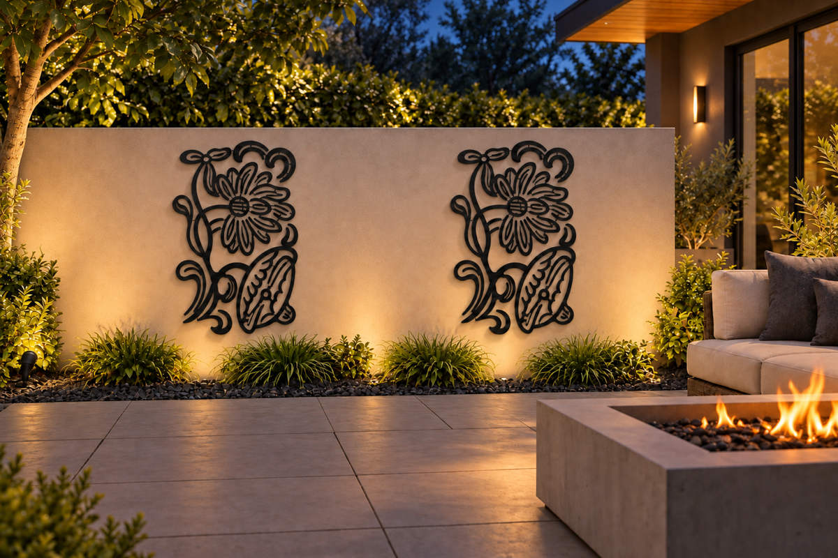 Design 371 Daisy and Leaf Emblem Laser Cut Metal Privacy Screen Panel installed garden night lighting view