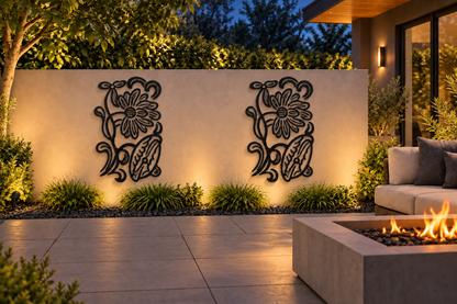 Design 371 Daisy and Leaf Emblem Laser Cut Metal Privacy Screen Panel installed garden night lighting view
