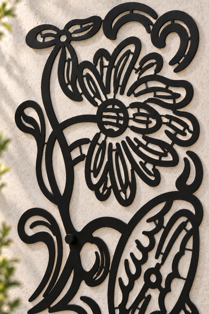 Design 371 Daisy and Leaf Emblem Laser Cut Metal Privacy Screen Panel close-up detail view