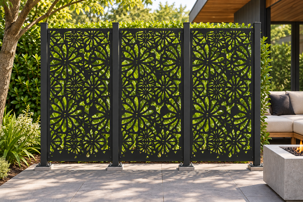 Design 372 Layered Daisy Garden Laser Cut Metal Privacy Screen Panel installed garden daylight view