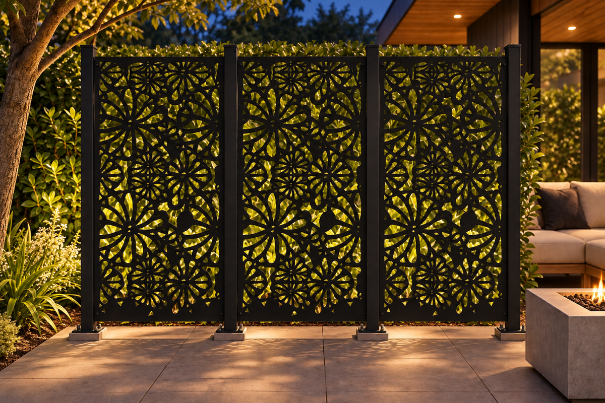 Design 372 Layered Daisy Garden Laser Cut Metal Privacy Screen Panel installed garden night lighting view
