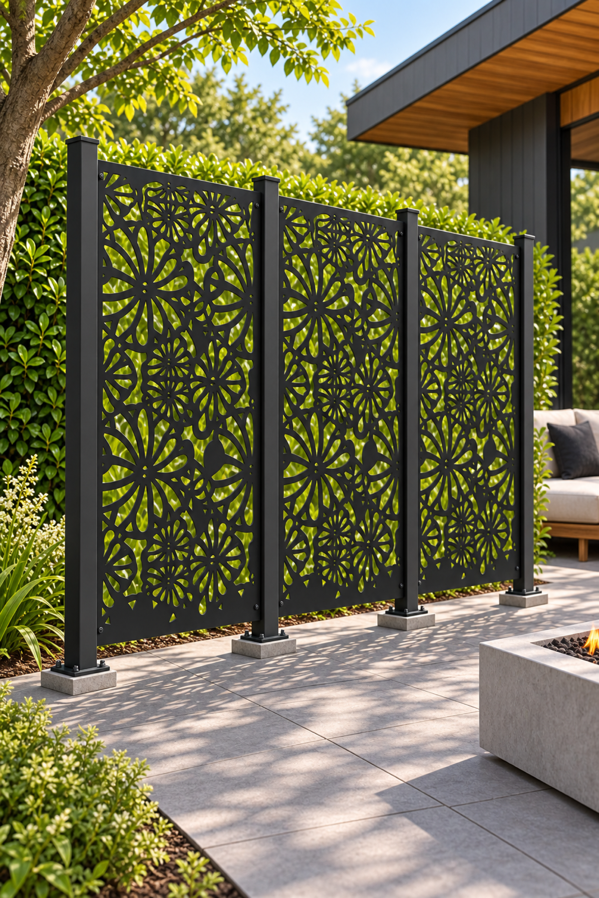 Design 372 Layered Daisy Garden Laser Cut Metal Privacy Screen Panel oblique angle view