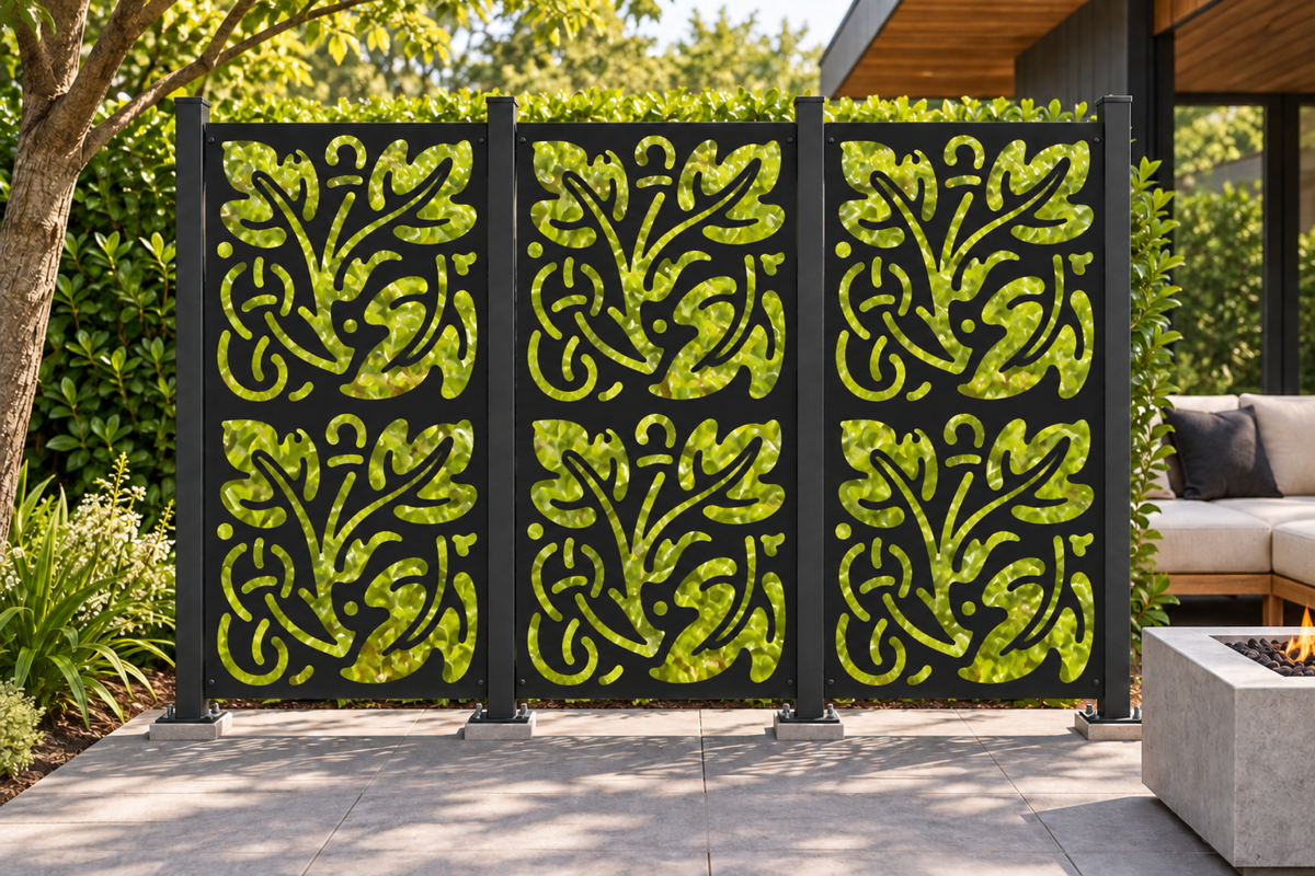 Design 373 Oak Leaf Repeat Laser Cut Metal Privacy Screen Panel installed garden daylight view
