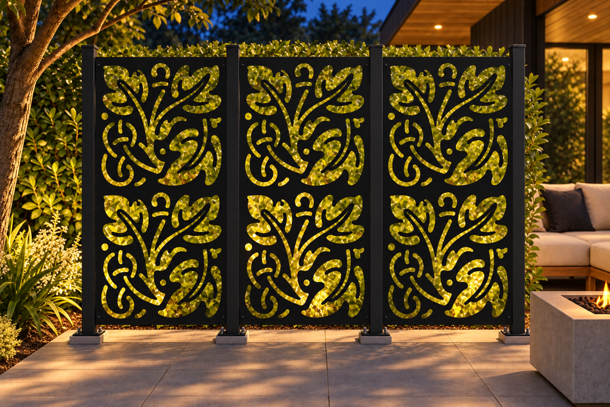 Design 373 Oak Leaf Repeat Laser Cut Metal Privacy Screen Panel installed garden night lighting view