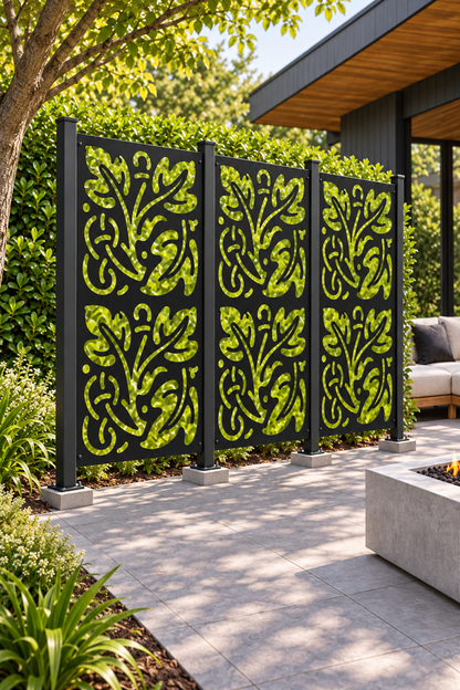 Design 373 Oak Leaf Repeat Laser Cut Metal Privacy Screen Panel oblique angle view